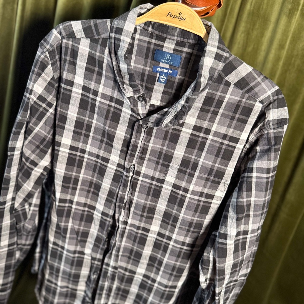 Mens Black Plaid Flannel Long Sleeve Classic Fit Large Button Down Shirt